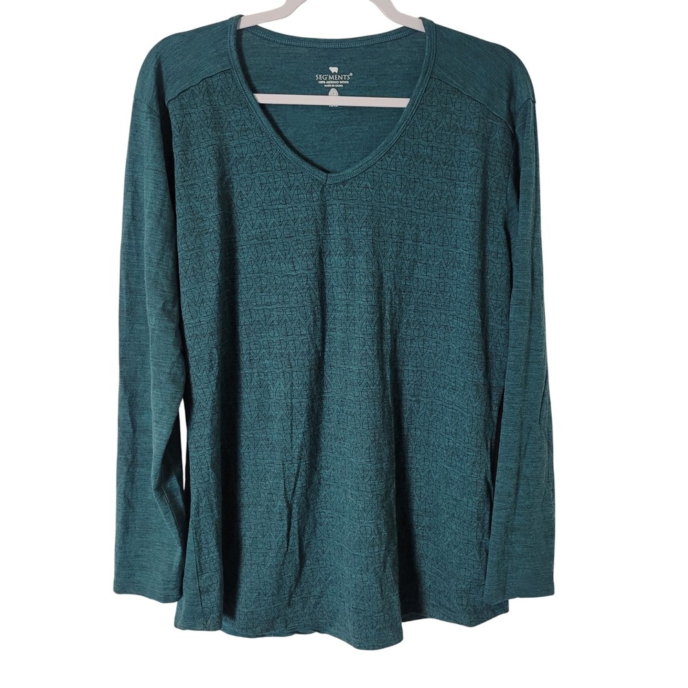 Segments Womens XXL Teal Green Merino Wool Long Sleeve Leaf Print Top Gorpcore